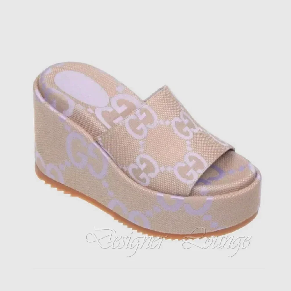NEW GUCCI Macro GG Beige Monogram Canvas Platform Wedges Size EU 40 US 10